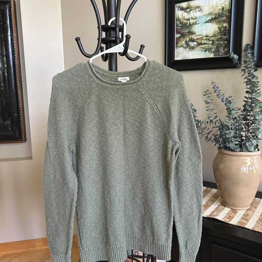 Vintage L.L. Bean 100% Cotton Sweater Sage Green Rolled Neckline Women's Size M